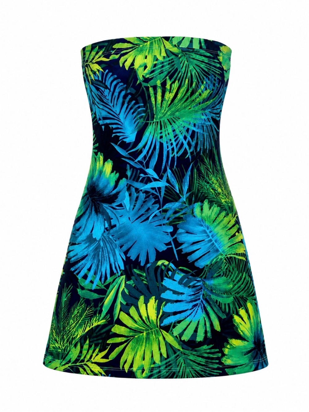 💙💚Tropical Strapless Dress in Blue & Green Leaf Print - size Small 🌴